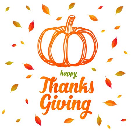 Happy thanksgiving label. Card template with hand lettering, pumpkins, leaves.のイラスト素材