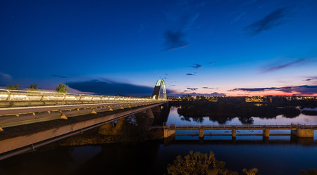 Sunset view of Lusitania Bridge in Merida, Spainの写真素材