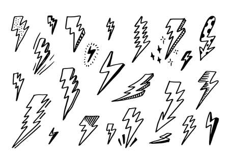 set of hand drawn vector doodle electric lightning bolt symbol sketch illustrations. thunder symbol...
