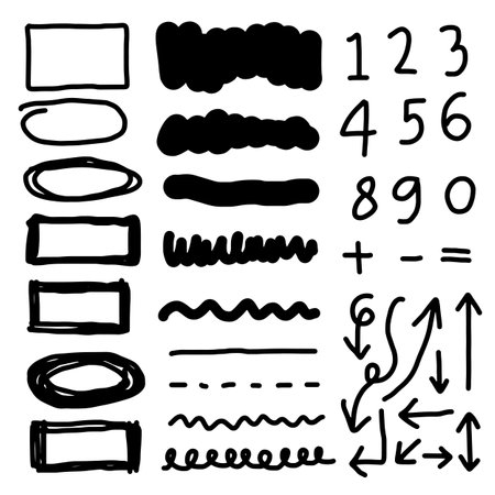 Doodle vector lines and curves.Hand drawn check and , frame, circle, arrows signs.のイラスト素材