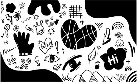 Hand drawn doodle design elements, black on white background. cloud, stars, emphasis, Arrow, crown. doodle sketch design elements.のイラスト素材
