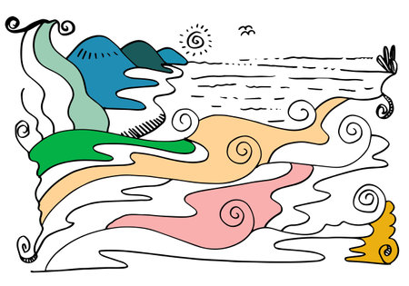 Cute cartoon meadow with mountains, plants, clouds and sun. abstract style.のイラスト素材