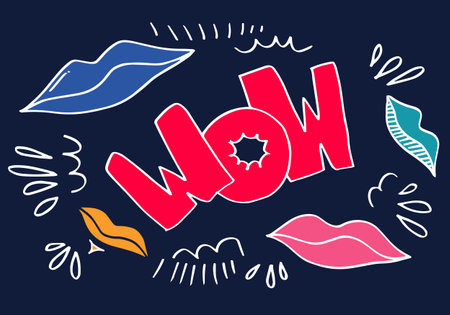 mouth with WOW text. Comic doodle sketch style. WOW icon lettering.のイラスト素材