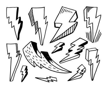 set of hand drawn vector doodle electric lightning bolt symbol sketch illustrations. thunder symbol doodle icon.のイラスト素材