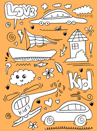 hand-drawn kids doodle set on yellow background.のイラスト素材