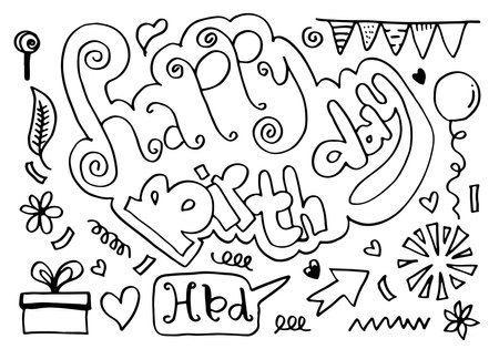 set of hand drawn doodle cartoon objects and symbols on the birthday party.のイラスト素材