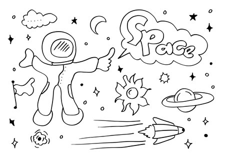 Space doodle vector elements.hand draw set of space icon on white background.のイラスト素材