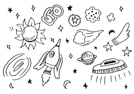 Space doodle vector elements.hand draw set of space icon on white background.のイラスト素材