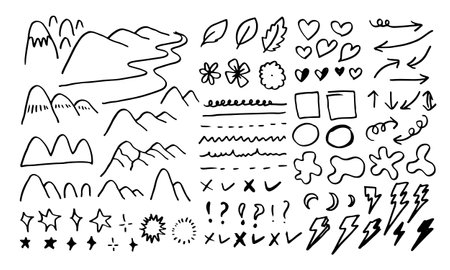 set of different stars, cloud, arrows, hearts, thunderbolt, signs and symbols. Hand drawn, doodle elements isolated on white background.のイラスト素材