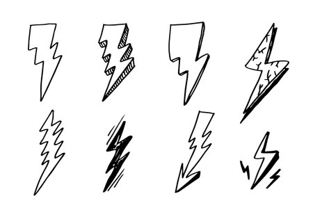 set of hand drawn vector doodle electric lightning bolt symbol sketch illustrations. thunder symbol doodle icon.のイラスト素材