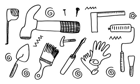 Working construction tools doodles collection on white background,のイラスト素材