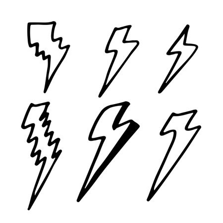 set of hand drawn vector doodle electric lightning bolt symbol sketch illustrations. thunder symbol doodle icon.のイラスト素材