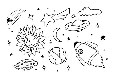 Space doodle vector elements.hand draw set of space icon on white background.のイラスト素材
