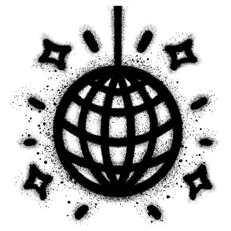 Shiny disco ball with graffiti style with black spray paint. Music, parties, festivals, dance clab. Retro music poster.のイラスト素材
