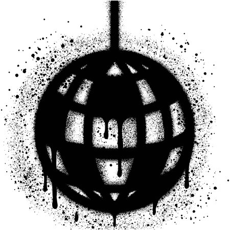 Shiny disco ball with graffiti style with black spray paint. Music, parties, festivals, dance clab. Retro music poster.のイラスト素材