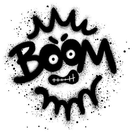 Boom graffiti text that resembles an angry emoji sprayed with black spray paintのイラスト素材