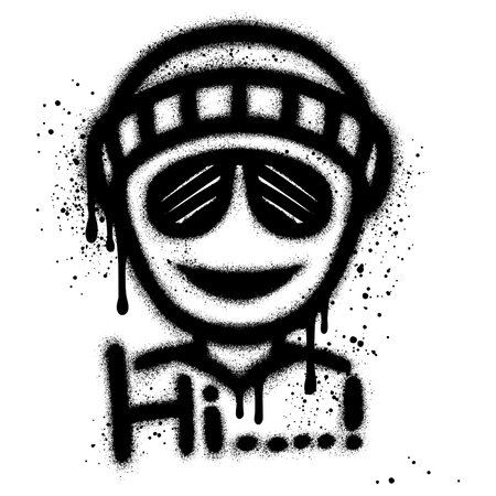 Graffiti emoticon Cool smiling Face with Sunglasses isolated with a white background with Hi text.のイラスト素材
