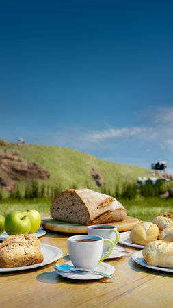 Coffee with bread and apples in a beautiful high altitude landscape with green grass and blue sky.の写真素材