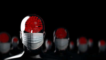 Abstract concept of glass people with virus on their head and mask, 3d Illustrationの写真素材