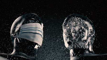 Abstract concept of glass people with virus on their head and mask, 3d Illustrationの写真素材