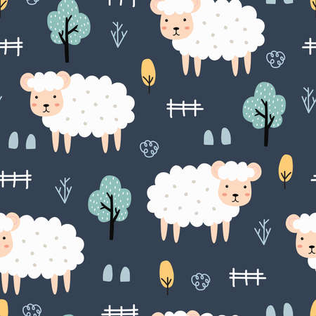 Cartoon animal background for kids sheep seamless pattern Hand drawn design in children's style. Use for prints, wallpapers, decorations, textiles, vector illustrations.のイラスト素材