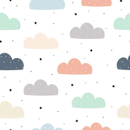 Hand-drawn background with pastel clouds on a white sky Cute seamless patterns for kids Design ideas for publication, wallpaper, wrapping paper, textiles, clothing. Vector illustrationのイラスト素材