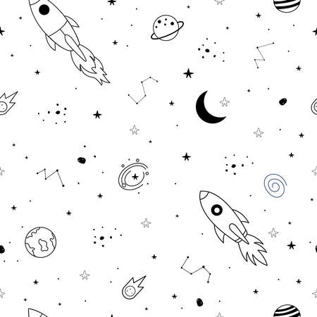 Seamless pattern space sky with stars and constellation scattered on a white background and a floating spacecraft Design ideas used for publication, background, wallpaper, textile, vector illustrationのイラスト素材