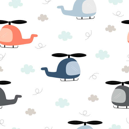 Seamless pattern The background of the helicopter floating in the sky and with clouds Cute patterns for children Use in publication, wrapping paper, wallpaper, textile, fabric Vector illustrationのイラスト素材