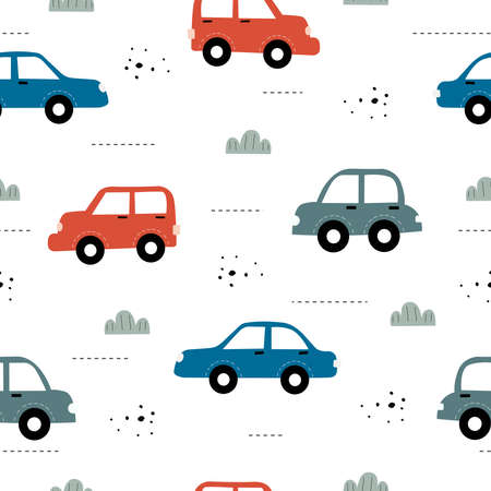 Seamless repeat vector pattern A colorful vintage car background and a clump of grass with small dots Design used for publication Gift wrap, textile, fabric, vector illustrationのイラスト素材