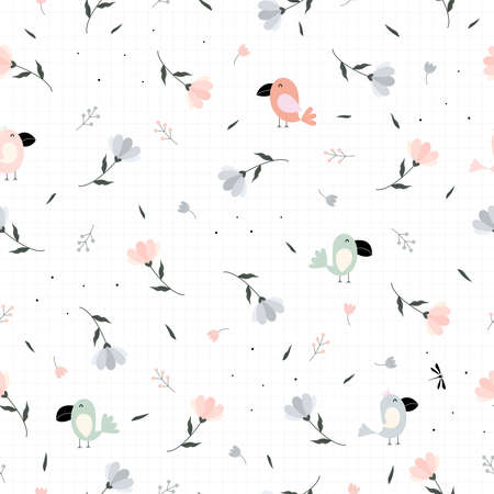Seamless texture pattern The cute little bird background with flowers and has a square grid as a wallpaper. Design for use in textiles, fabrics, publications, gift wrap Vector illustrationのイラスト素材