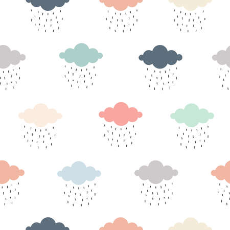 Hand draw vector seamless pattern. Pastel color cloud background with rain Repeat design for use in gift wrapping, textiles, fabrics, publications, wallpapers, vector illustrationsのイラスト素材