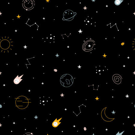 Seamless pattern The night sky with stars and constellations scattered Design concepts used for publication, background, wallpaper, textile, vector illustrationのイラスト素材