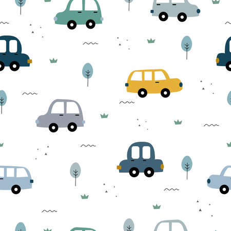 Seamless repeat vector pattern Colorful vintage car background and trees with small grass clumps. Designed for wrapping gifts, textiles, fabrics, publications, wallpapers, vector illustrations.のイラスト素材