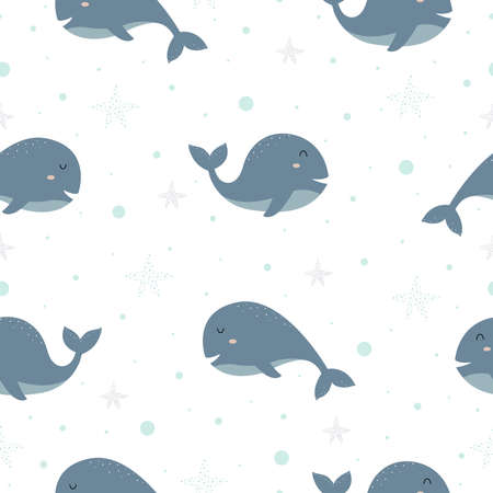 Blue whale Cute cartoon character with marine life Seamless pattern Random arrangement The design is suitable for Textile, clothing pattern, printed matter, wrapping paper, illustration vectorのイラスト素材