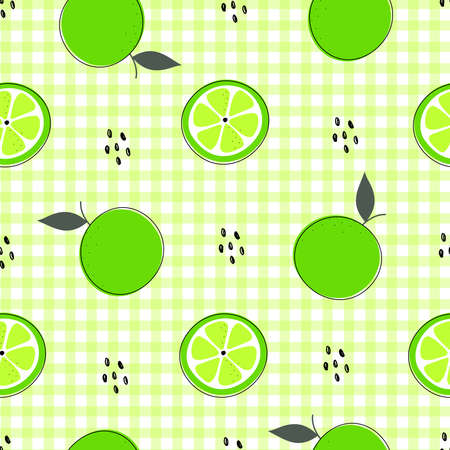 Seamless pattern hand drew green lemon-lime background and with square grid Checkerboard as wallpaper Design used for fabric, textile, publication, gift wrap, vector illustrationのイラスト素材