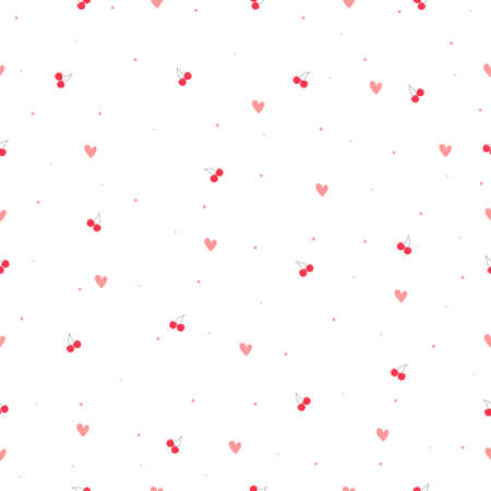 Cute seamless pattern Red cherry effect and heart icon on pink background Hand drawn design in cartoon style used for Publication, poster, gift wrap, fabric, textile, vector illustrationのイラスト素材
