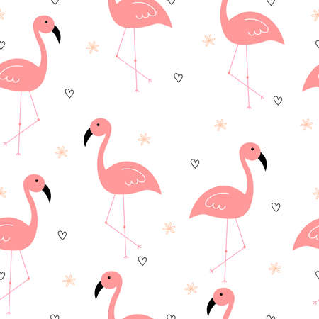Seamless pattern cute cartoon animal background with pink flamingo and heart icon with hand-drawn flowers Design ideas for publication, textile, vector illustration.のイラスト素材