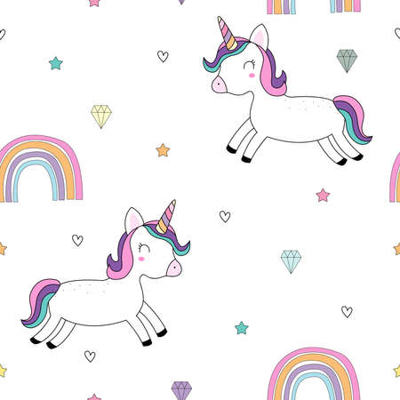 Seamless repeating pattern Unicorn horse floating on a white background with a rainbow and star. Cute design fairy tale cartoon style. Used for publication, fashion, textile, vector illustration.のイラスト素材