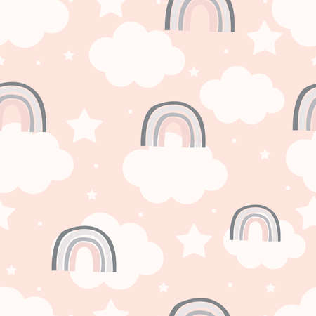 Cute seamless pattern for kids children Sky background with rainbow and stars Scandinavian style hand-drawn design used for pattern fabric, textile, wallpaper. Vector illustrationのイラスト素材
