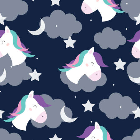 Seamless repeating pattern Unicorn horse floating in the sky with clouds and stars. Cute design, fairy tale cartoon style. Used for publication, gift wrapping, fashion, textile, vector illustration.のイラスト素材