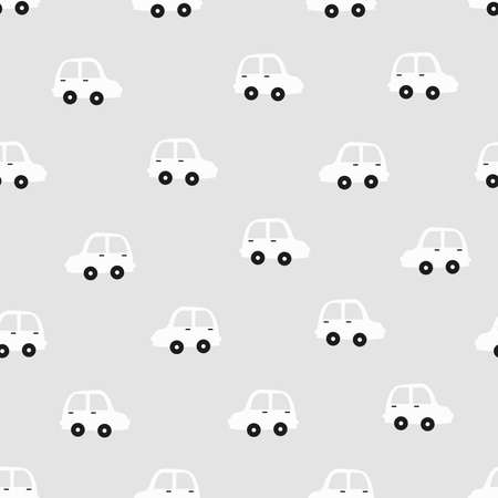 Seamless pattern White vintage car icon Arranged randomly on a gray background Designed in the style of hand-drawn children. Used for fabric, textile, vector illustrationのイラスト素材