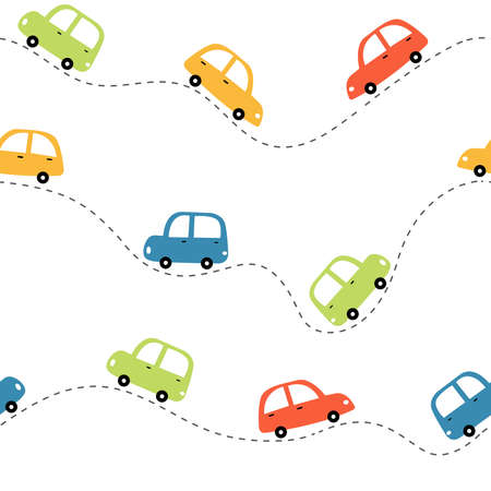 Seamless pattern The background of the colorful old car running on a curve. Cute design hand-drawn in cartoon style Used for publication, gift wrap, textile, fabric, vector illustration.のイラスト素材