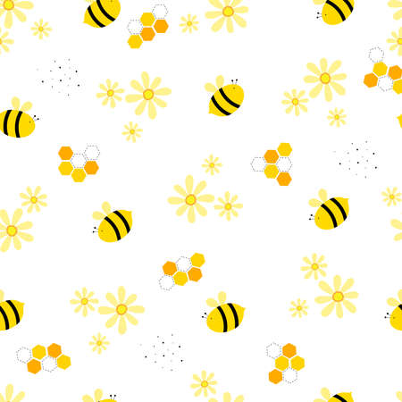 Seamless vector pattern Bee and Flower Background Cute design in cartoon style use For publication, wallpaper, fabric, textiles, white background illustrationのイラスト素材