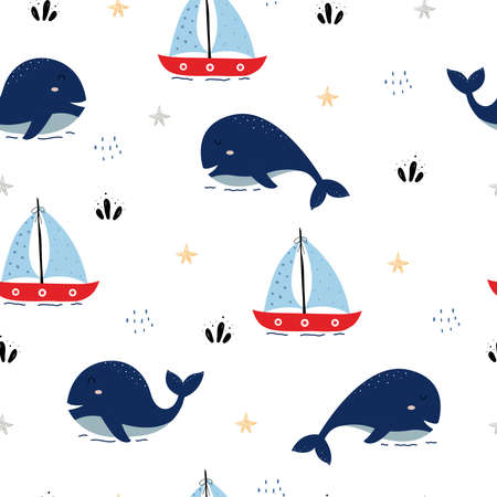 Seamless pattern The sea background with whale and boats Cute design, hand drawn in cartoon style. Used for publication, wallpaper, textiles, vector illustrationのイラスト素材