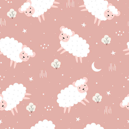 Seamless pattern Cartoon background of animals with sheep and trees Design used for Fabric pattern, textile, wallpaper, vector illustrationのイラスト素材