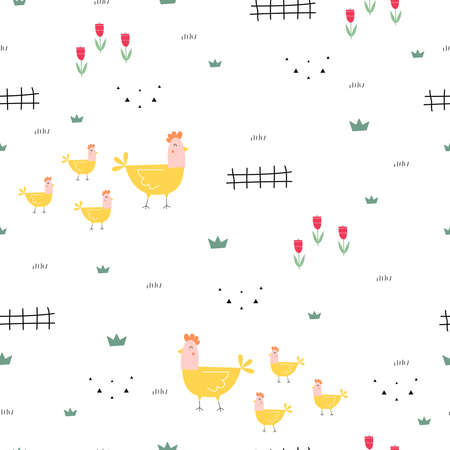Seamless pattern Outdoor background with chicken and flower Cute cartoon animal Hand draw in child style Vector illustrationのイラスト素材