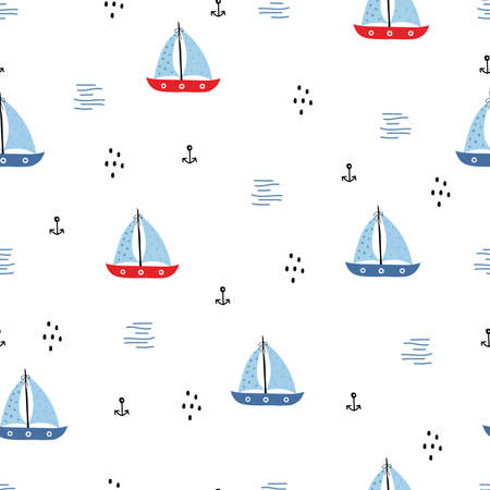 Seamless pattern The sea has a Boat and anchors Lovely design used for publications, wallpapers, textiles, vector illustrations.のイラスト素材