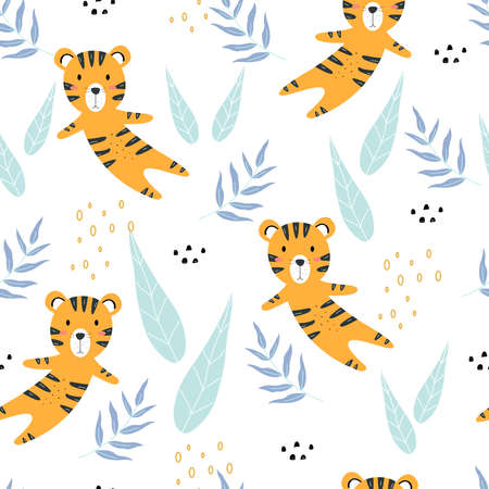 Cute cartoon animal background Seamless tiger pattern vector with leaves Hand drawn Use for publication, wallpaper, fabric, textileのイラスト素材