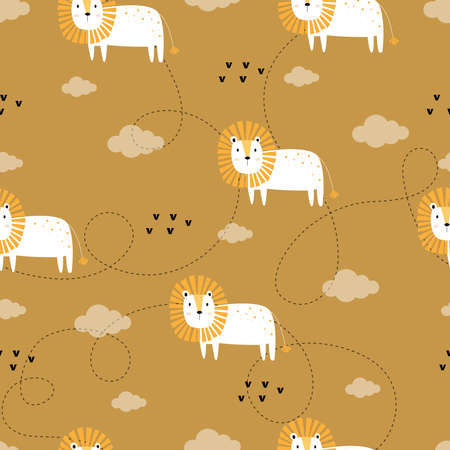 Seamless lion and cloud pattern Cartoon hand drawn animal background in child style Designed for publication, wallpapers, fabric, textiles. Vector illustrationのイラスト素材