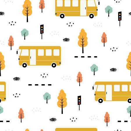 Bus and tree seamless pattern Vehicle background Hand drawn in a child style. Design. Used for publication, wallpaper, fabric, textiles. Vector illustrationのイラスト素材